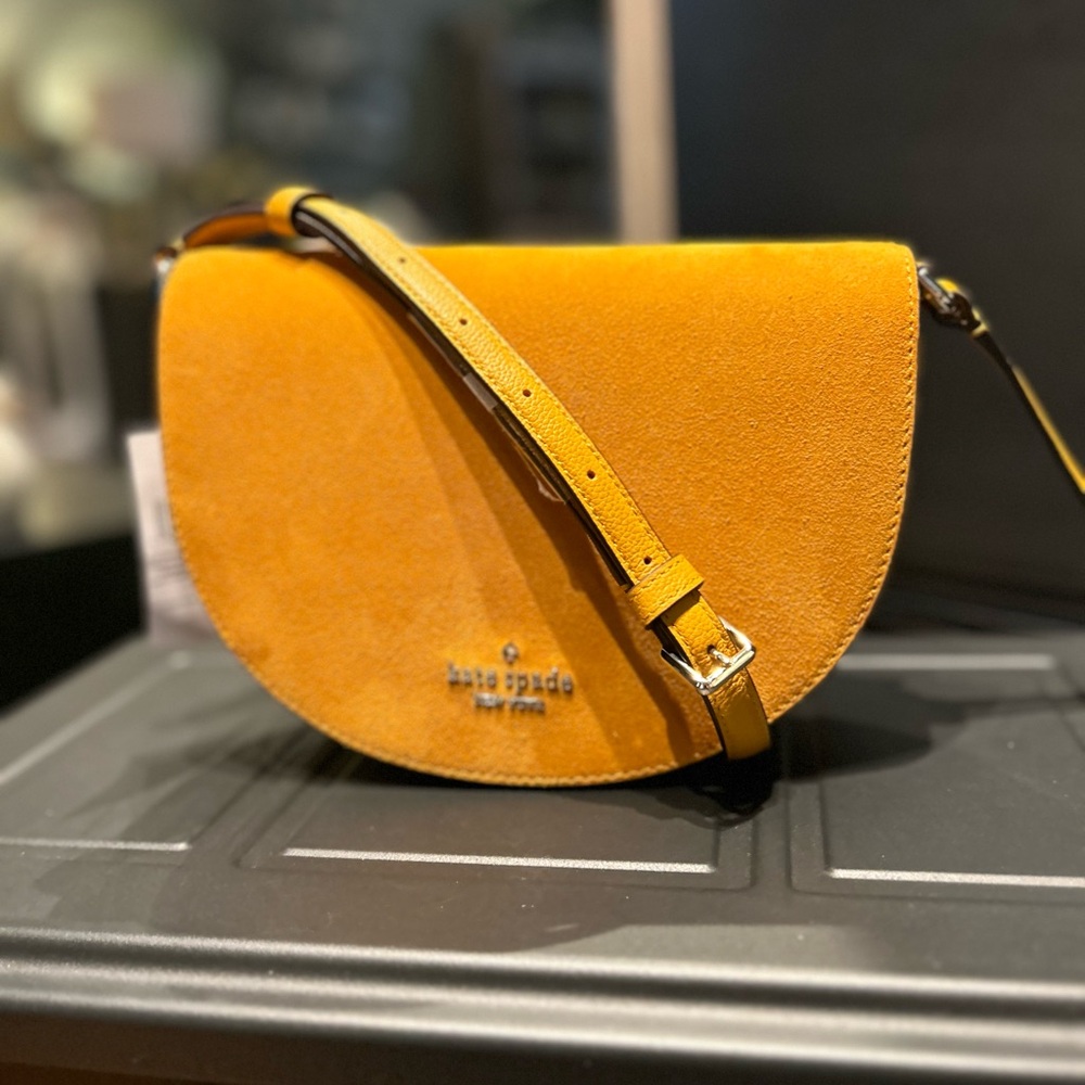 New Kate Spade Crescent Suede Flap Leather Mustard Squash Luna Crossbody Bag